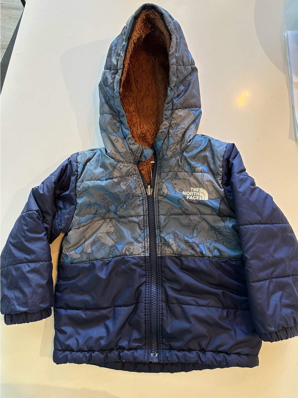 The North Face Toddler Navy Blue Hooded Puffer Jacket, Reversable, 2T